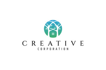 House and two tree inside globe or earth logo vector