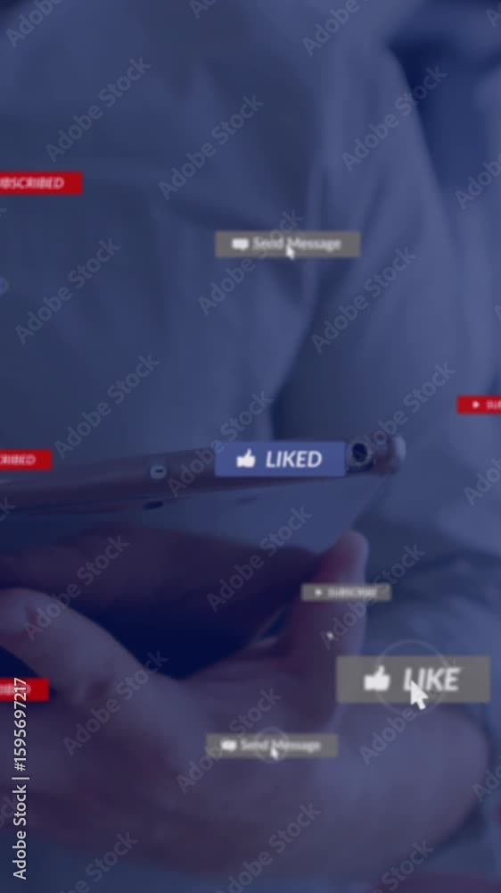 Poster animation of icons and data processing over caucasian businessman using tablet