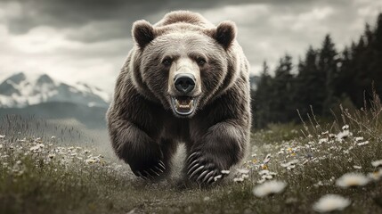 Fierce brown bear charging aggressively towards the camera through a meadow with white wildflowers under a cloudy sky with forest and mountains in the background