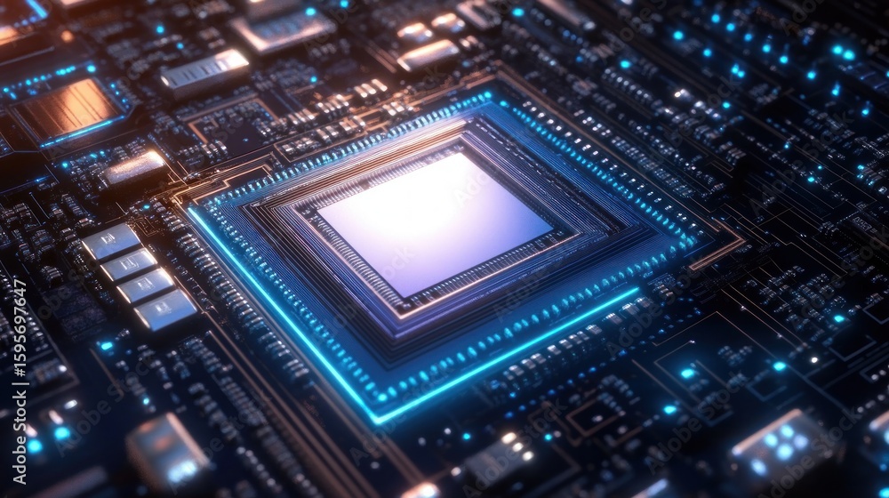 Poster close-up of a glowing central microchip on a complex electronic circuit board with illuminated blue 