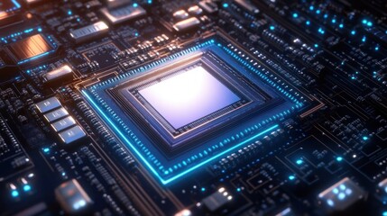 close-up of a glowing central microchip on a complex electronic circuit board with illuminated blue and orange lights and intricate connections