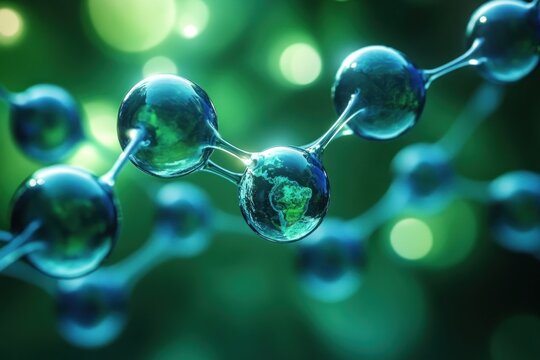 Close-up of interconnected glass molecules with a miniature Earth globe inside one sphere symbolizing environmental science and global connectivity - Powered by Adobe