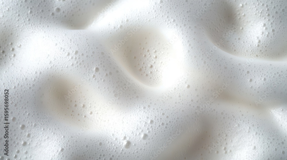 Poster close-up of thick white foam with various sized bubbles creating soft and smooth texture
