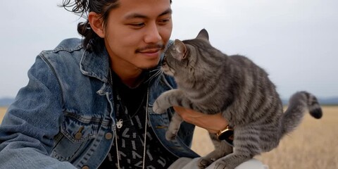 Rugged Korean man with his feline cat companion 