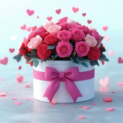 Elegant round white box filled with vibrant pink, red, and light pink roses with green leaves, adorned with a large pink bow, surrounded by floating pink heart shapes evoking romance and love