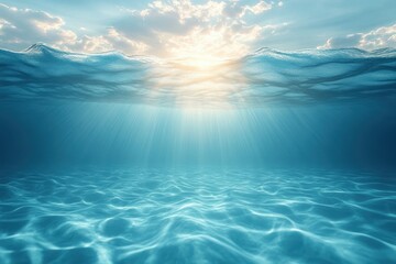 Sunlight penetrating clear blue ocean water with visible surface waves and bright underwater ripples creating a calm and serene atmosphere