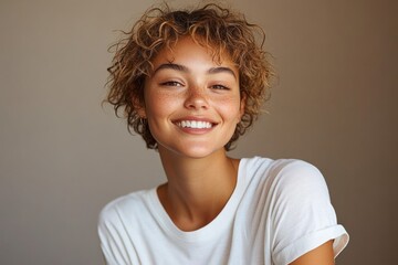 Close-up portrait of a young woman with curly hair and freckles smiling warmly wearing a white t-shirt against a neutral background