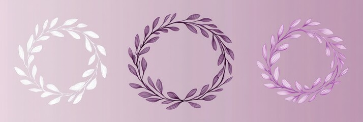 Fototapeta premium Three circular wreaths made of delicate leaves with different shades of purple and white on a soft light purple gradient background
