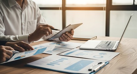 Collaborative business meeting featuring a team reviewing financial charts and a tablet device, Corporate analysis and reporting of data with a team approach to office technology