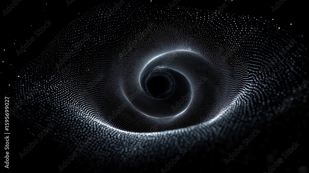 Poster abstract glowing spiral vortex formed by numerous small light particles on a dark background suggest