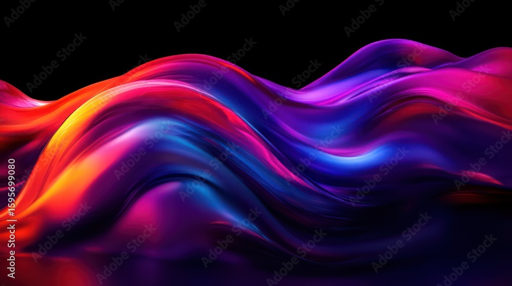 Poster smooth flowing wave-like shapes in vibrant gradients of red, orange, blue, and purple on a black bac