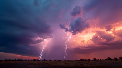 Dramatic lightning storm over a flat landscape at sunset