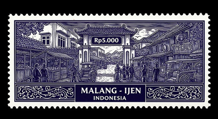 Obraz premium Vintage Indonesian Stamp Depicting Malang Ijen with Traditional Architecture and People