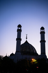 Grand mosque with golden domes and tall minarets.