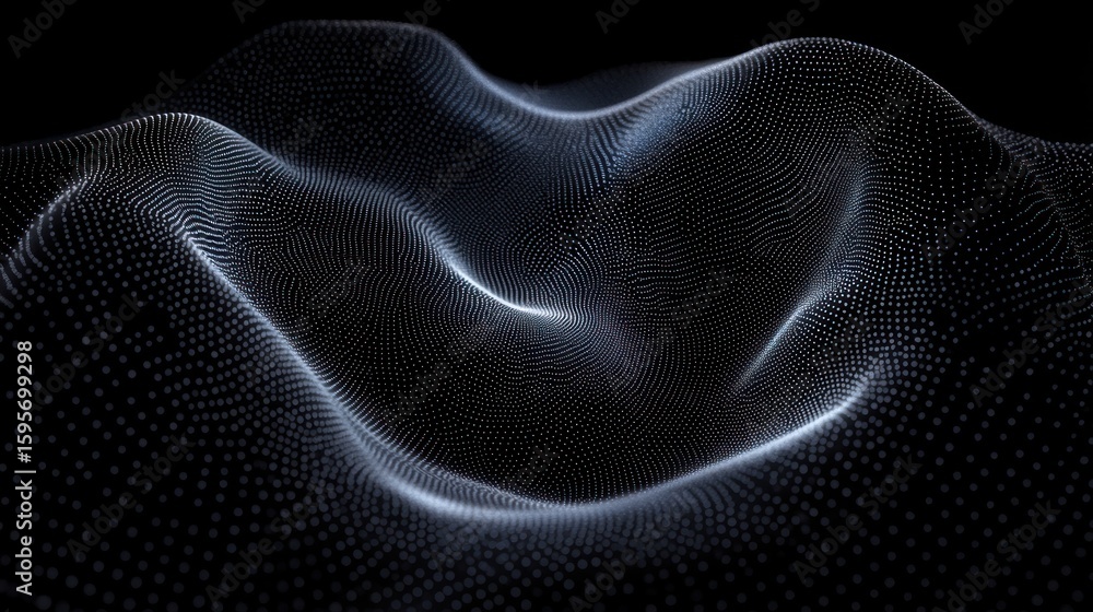 Poster abstract digital wave landscape formed by a grid of small glowing dots on a dark background creating