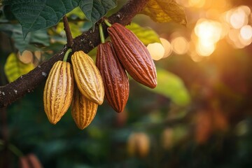 Close-up of ripe cacao pods hanging from a tree branch with vibrant green leaves and warm sunlight in the background creating a peaceful natural atmosphere
