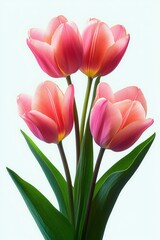 Naklejka premium Close-up of four vibrant pink tulips with soft gradients and green leaves against a bright, light background evoking freshness and delicate beauty