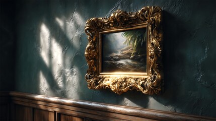 A close-up of a deep green museum wall with a single, massive gold-framed painting, the intricate carvings on the frame gleaming under soft gallery lighting, shadows adding depth.