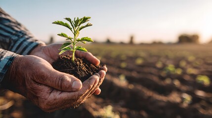 Farmer holds young seedling in hands