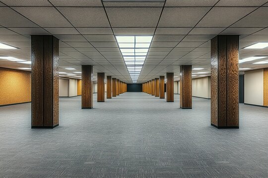 Empty expansive indoor space with rows of wood-paneled columns, carpeted floor, and illuminated drop ceiling lighting creating a sense of depth and symmetry