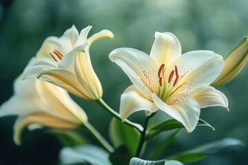 Close-up of delicate pale yellow lilies with detailed stamens and green leaves in soft natural light and blurred background