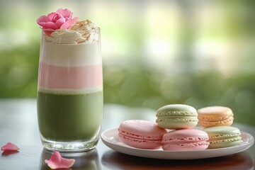 Glass of layered green, pink, and white creamy drink topped with whipped cream and a pink flower next to a plate of pastel green, pink, and peach macarons on a wooden table