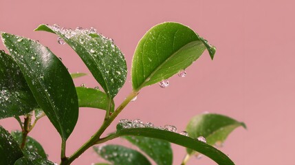 Fresh green leaves with water droplets on a soft pink background