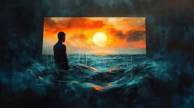 silhouette of a person standing by turbulent water with a bright orange sunset and dramatic clouds in the background creating a contemplative and intense atmosphere