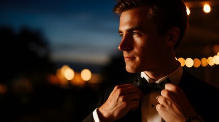 Man adjusting bow tie at night
