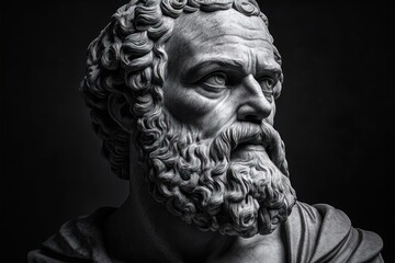 Detailed grayscale close-up of a classical marble bust featuring a serious man with curly hair and a full beard looking thoughtfully to the side