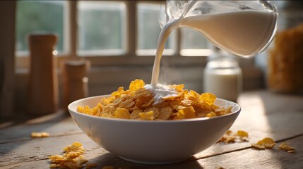 Milk being poured over cereal in a bowl