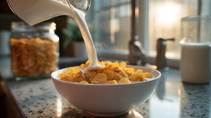 Milk pouring over cereal in a bowl