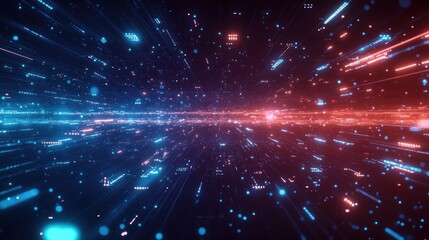 Abstract digital tunnel with glowing blue and red particles and streaks creating a sense of depth and motion