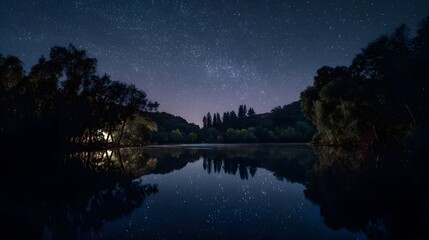Nighttime lake reflection under a starlit sky