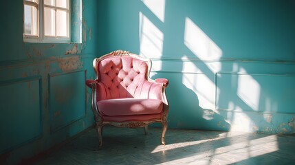 Pastel-toned room with antique armchair bathed in sunlight