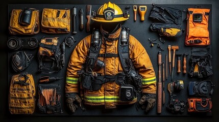 Complete firefighter protective gear and tools neatly arranged on black background with yellow jacket, helmet, gloves, and various hand tools