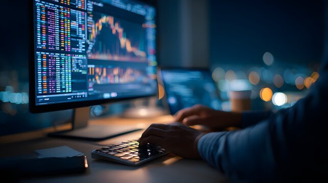 Night work at a desk with multiple displays showing financial da