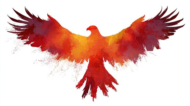 Fiery bird with outstretched wings rendered with watercolor effect on a white background