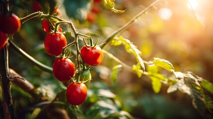 Ripe red tomatoes on the vine, bathed in sunlight