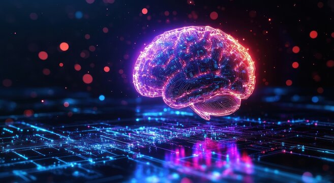 Glowing digital brain hovering above a futuristic electronic circuit board with vibrant neon blue and pink lights, evoking innovation and advanced technology