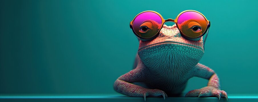 Close-up of a colorful lizard wearing vibrant round sunglasses against a smooth turquoise background, exuding a cool and confident vibe