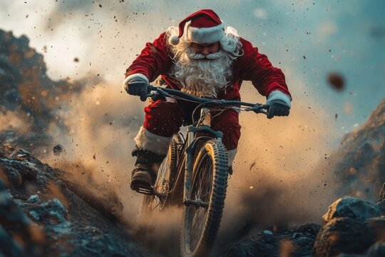 Man dressed as Santa Claus riding mountain bike aggressively down a dusty rocky trail with intense focus and dynamic motion