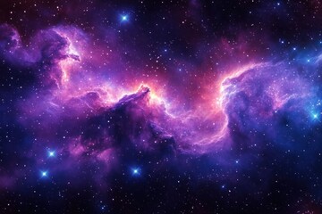 Vibrant purple and blue cosmic nebula with glowing stars scattered across the dark space creating a majestic and mysterious outer space scene