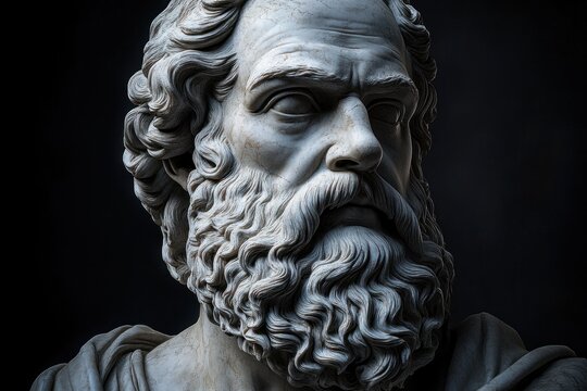Close-up of a white marble classical bust sculpture of a bearded man with detailed curly hair and intense expression against a dark background