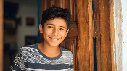 Cheerful young Latin American boy smiling indoors beside an open door