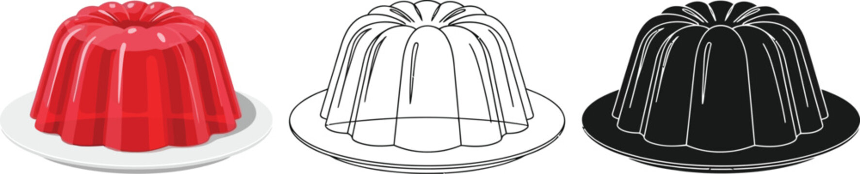 Red gelatin dessert vector illustration: jello mold, outline, and silhouette for design projects