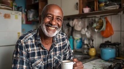 Happy man enjoying coffee in a kitchen