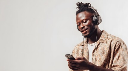 Headphones, happy and man with phone in studio listening to music, playlist