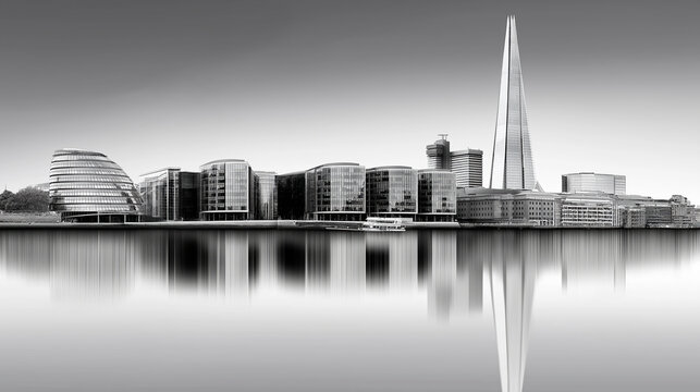 Fototapeta Modern urban skyline in black and white by the river at sunset
