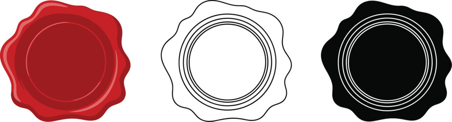 Wax seal vector set: red wax seal, outline wax seal, black wax seal for graphic design needs